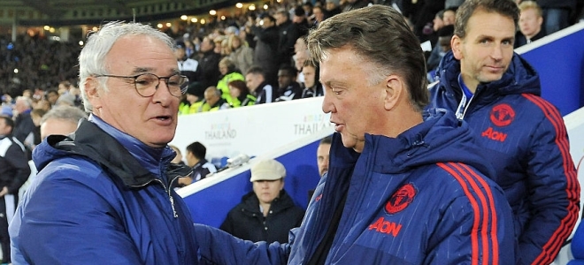 LEICESTER, ENGLAND - NOVEMBER 28: Claudio Ranieri of Leicester city welcomes Louis Van Gaal to King Power stadium during the Barclays Premier League match between Leicester City and Manchester United at the King Power Stadium on November 28th , 2015 in Leicester, United Kingdom. (Photo by Plumb Images/Leicester City FC via Getty Images)