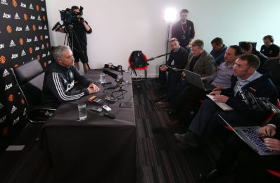 MANCHESTER, ENGLAND - OCTOBER 20: (EXCLUSIVE COVERAGE) Manager Jose Mourinho of Manchester United speaks during a press conference at Aon Training Complex on October 20, 2017 in Manchester, England. (Photo by Matthew Peters/Man Utd via Getty Images)